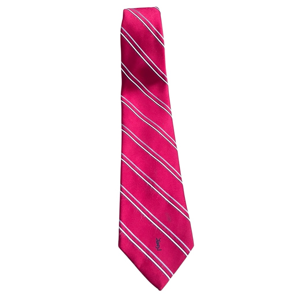 Yves Saint Laurent YSL Red and Silver Striped Tie Vintage Retro Classic Office